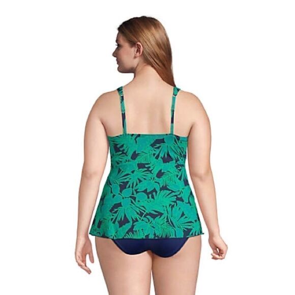 Land’s End Plus flutter Tankini Top soft cup Ombre' green navy Palm print 2X - Picture 4 of 8
